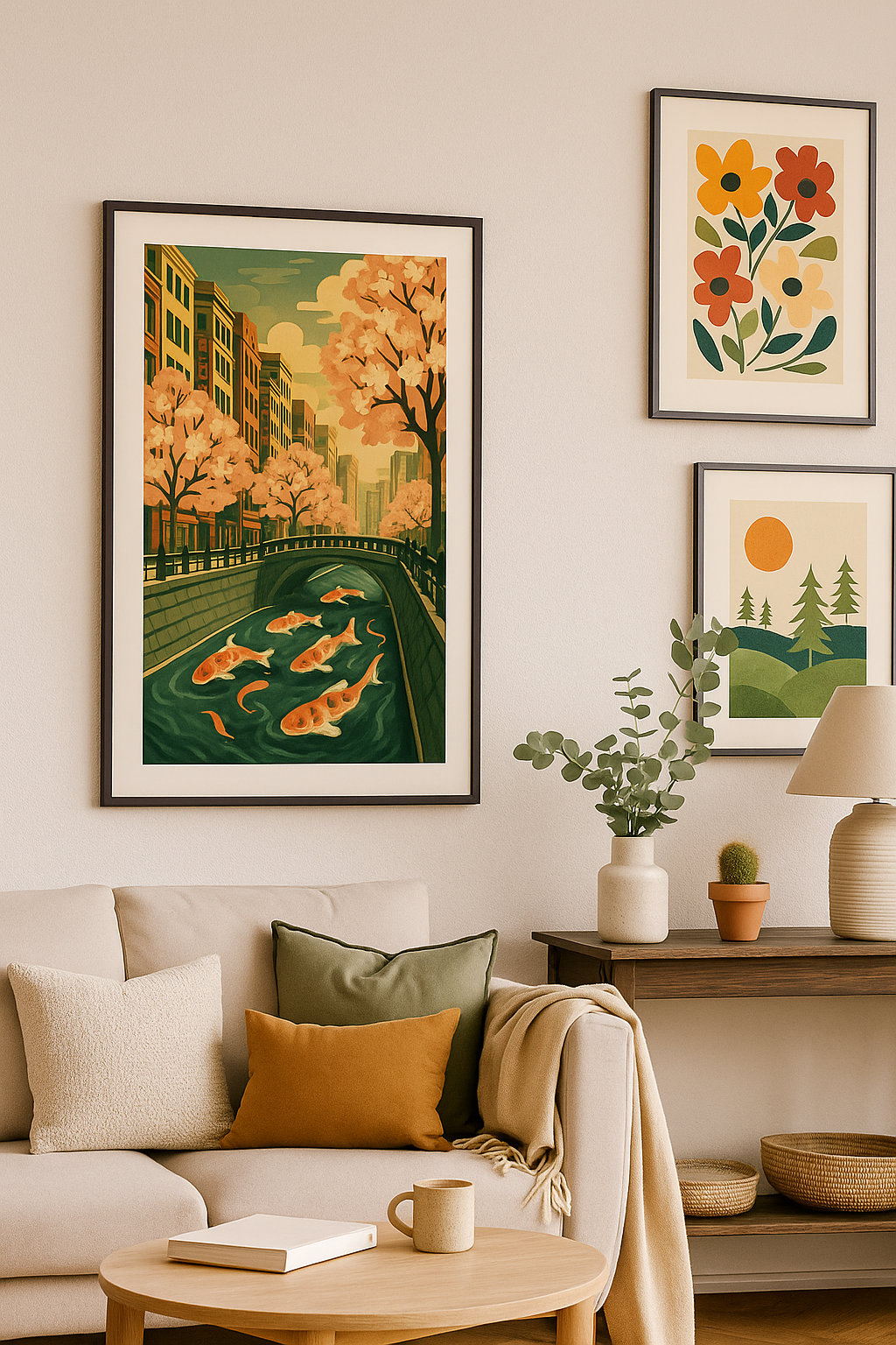 Koi Canal in Spring - Art Deco Japan Wall Poster