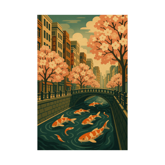 Koi Canal in Spring - Art Deco Japan Wall Poster