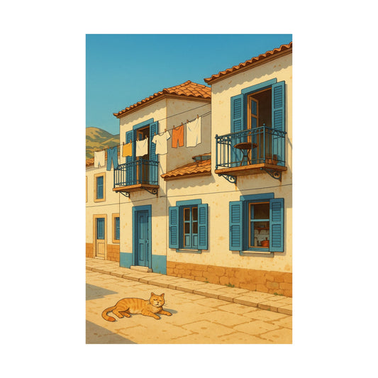 Sunlit Siesta - Greek Island Village Retro Animated Wall Poster