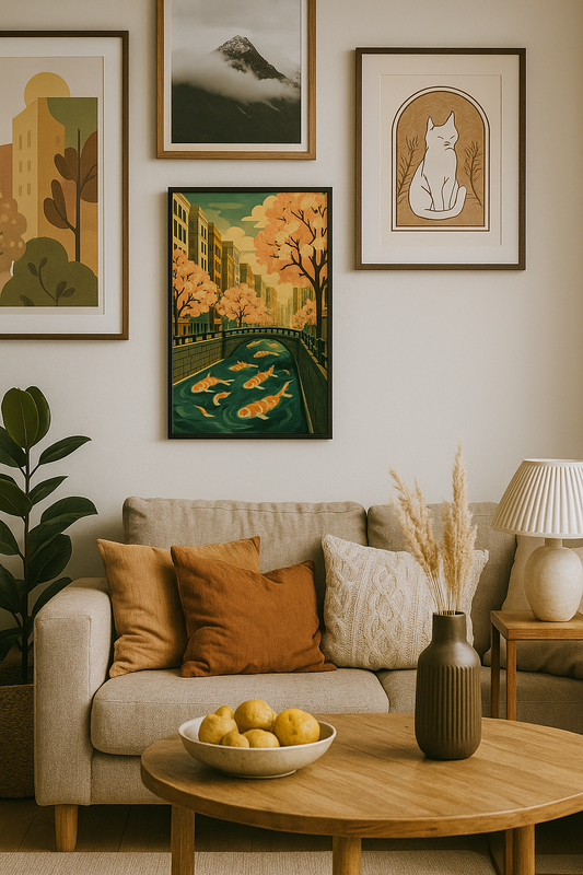 Koi Canal in Spring - Art Deco Japan Wall Poster