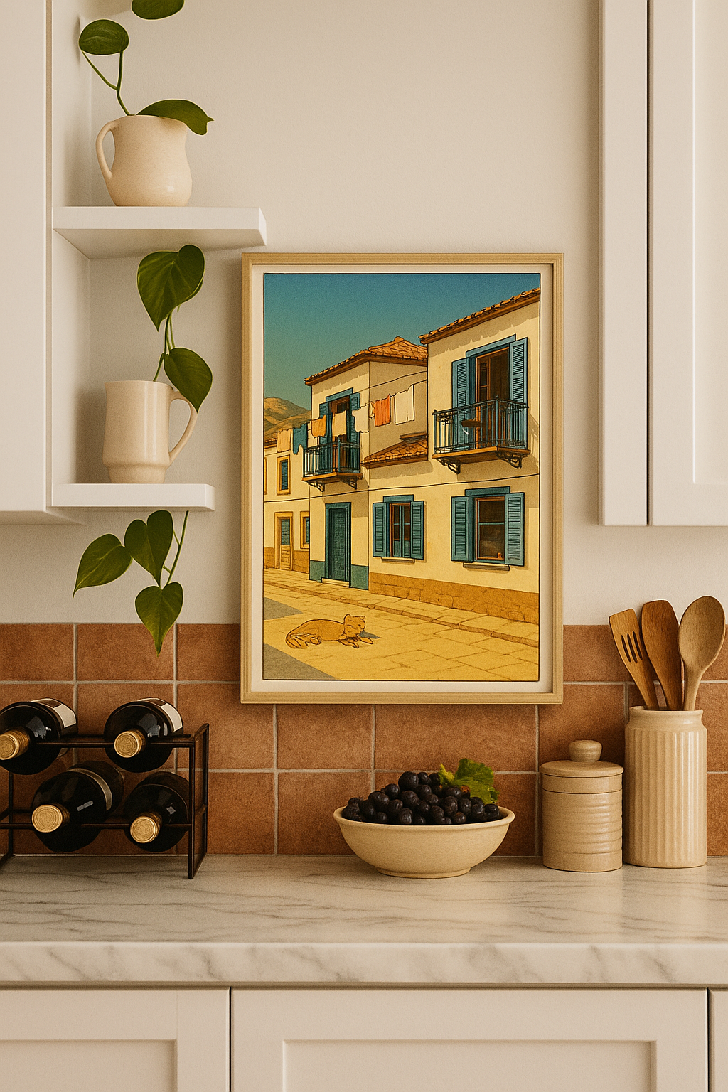 Sunlit Siesta - Greek Island Village Retro Animated Wall Poster