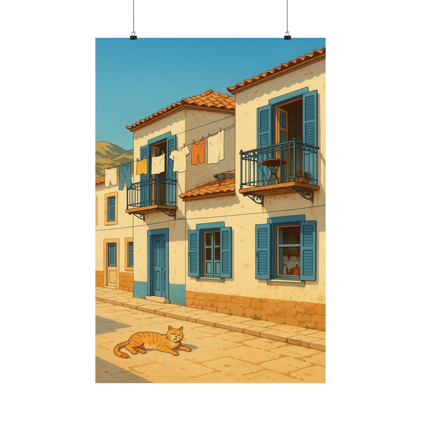 Sunlit Siesta - Greek Island Village Retro Animated Wall Poster